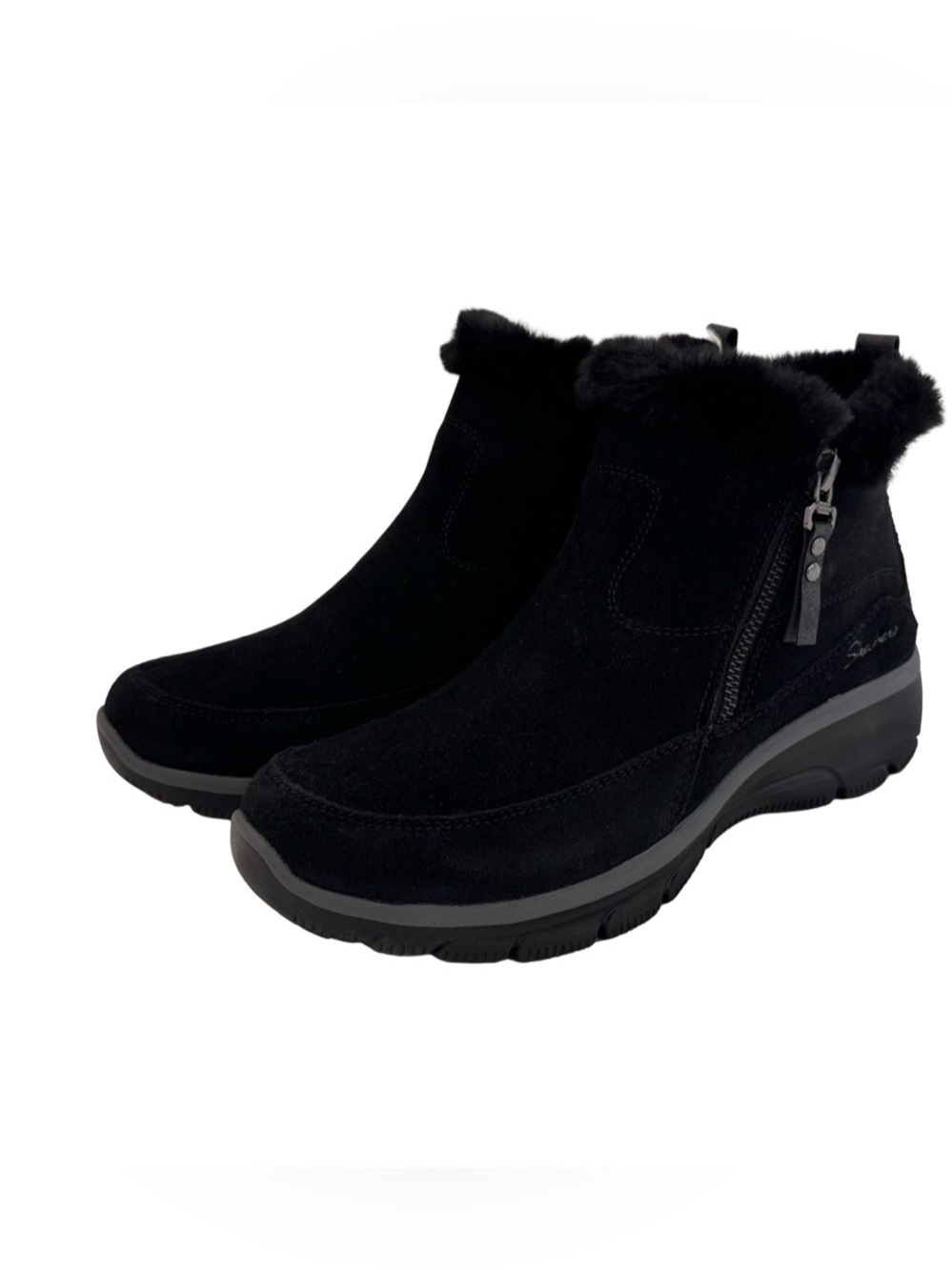 Skechers Black Suede Faux-Fur Zip Ankle Booties with Gray Sole - Picture 5 of 8